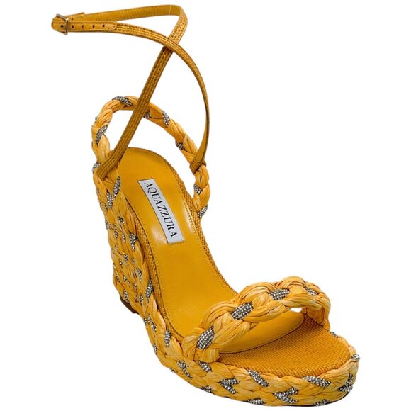 Aquazzura Shoes - Aquazzura Lemonade Raffia Costiera Crystal Wedge Sandals